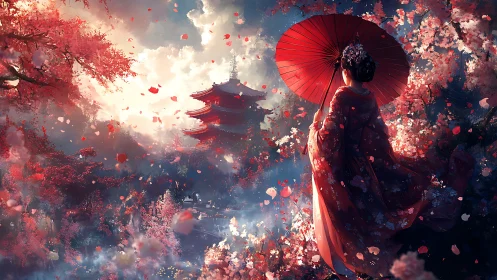 Geisha stands beneath cherry blossoms beside distant pagoda