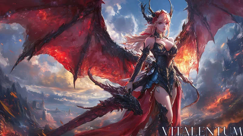 Fiery dragon-winged warrior queen over a stormy realm.