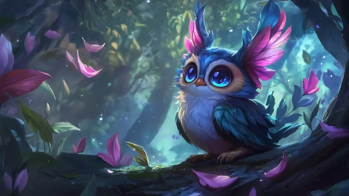 Whimsical Fantasy Owl with Bright Feathers in Enchanted Forest.