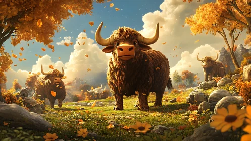 Curious yak friends wandering through a golden autumn valley.
