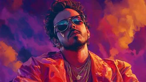 Stylish man in neon sunset haze exudes bold confidence.