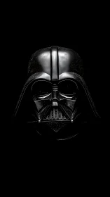 Black helmeted mask is centrally isolated against dark background