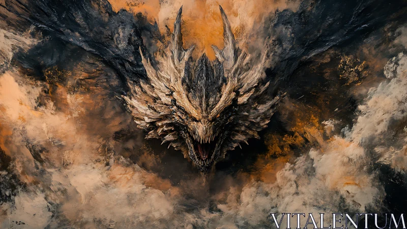 Textured dragon head emerging from dense swirling clouds.