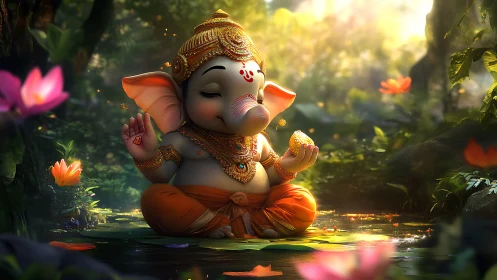 Lotus-pond baby Ganesha gleaming in emerald forest light.