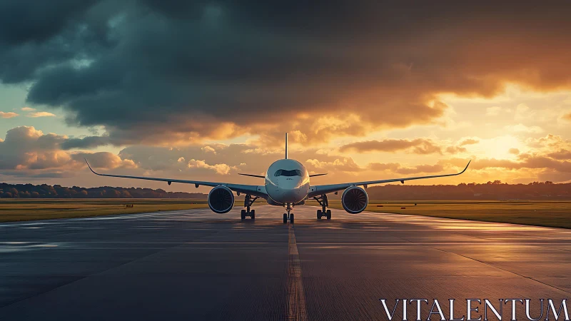 Sunset runway welcome with a calm, waiting airplane.