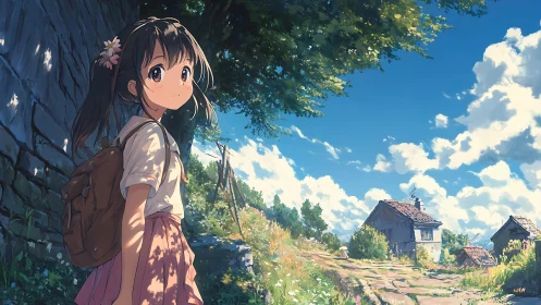 Summer village path with anime girl in soft backlighting.