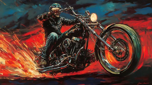 Explosive night ride with blazing chopper motorcycle artwork.