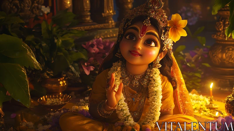 Devotional digital idol with garlands in luminous shrine setting.