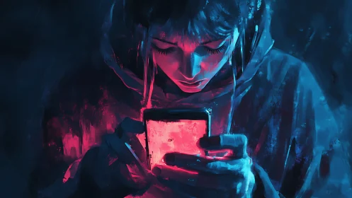 Neon glow gently wraps a focused teen scrolling a phone