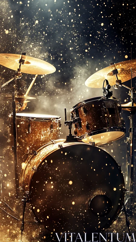 Golden drum kit under stage haze with dynamic particle lighting