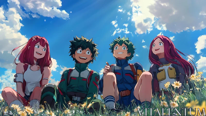 Anime friends sitting in sunny meadow among flowers.