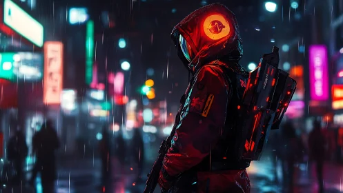 Hooded cybernetic operative scans neon city under rainfall