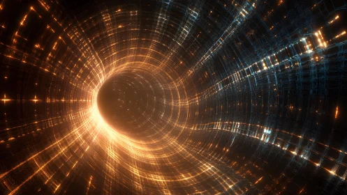 Futuristic glowing tunnel with orange and blue lights, digital art.