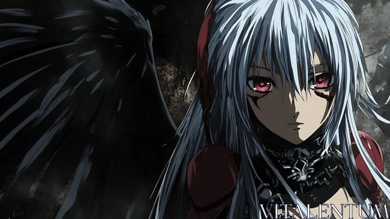 Dark winged girl stares forward under harsh side lighting