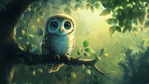 Cute baby owl on a tree branch in dreamy digital painting style.
