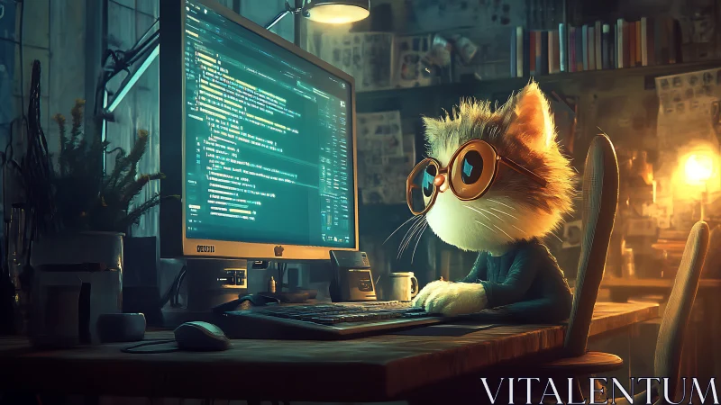 Curious coder cat calmly explores late night programming wonders