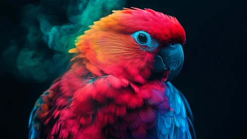 Vibrant scarlet parrot glows against deep shadowed background.