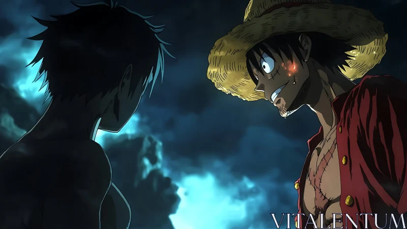 Stormlit rivals trade blazing glares beneath fractured clouds