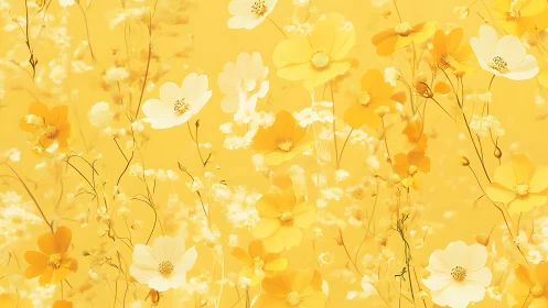 Yellow Flower Field Composition with White Blooms and Green Stems