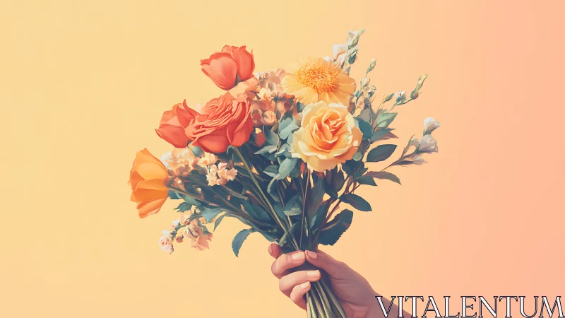 Warm Floral Bouquet: Hand-Held Arrangement of Coral Roses and Sunflowers.