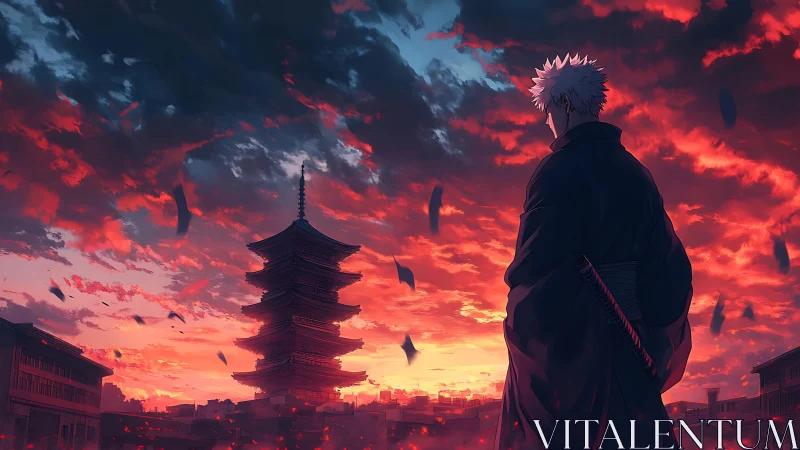 Figure observes pagoda skyline beneath dense red cloud cover