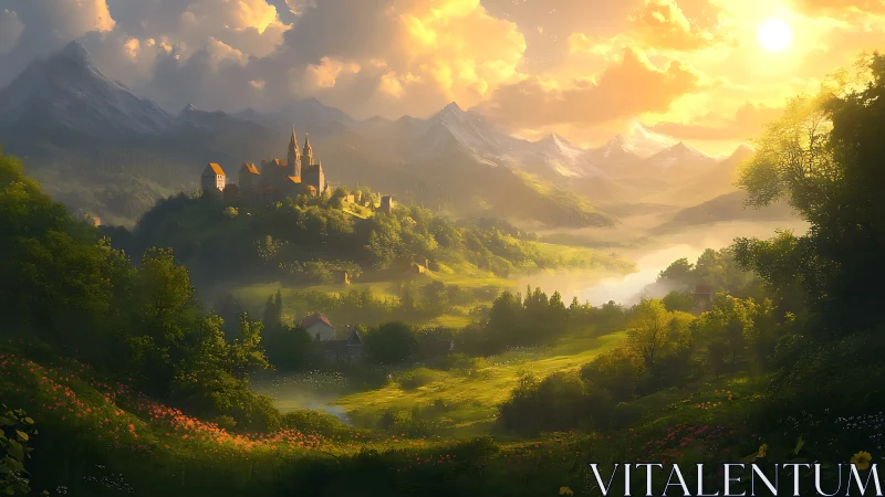 Castle on forested hill at sunset over river valley.