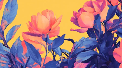 Pink and blue flowers against yellow background.