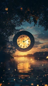 Golden sunset clock drifting softly above a glowing lake.