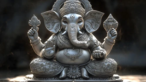 Intricate silver-toned Ganesha idol with ornate embellishment.