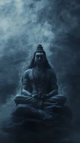 Meditating stone deity figure in dense monochrome fog scene.