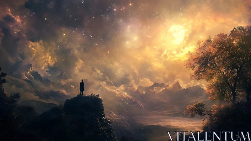 Lone figure studies cosmic sunrise above misty peaks.