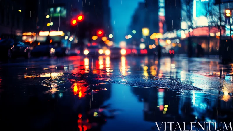 Neon rainlit boulevard where blurred city lights softly bloom.