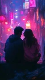 Two figures sitting in neon-lit alleyway with magenta and pink lighting