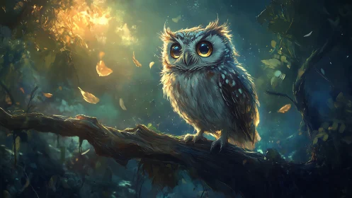 Enchanting Owl with Big Eyes in Mystical Forest, Digital Art.