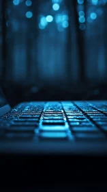 Wet laptop keyboard in dark blue bokeh forest scene.