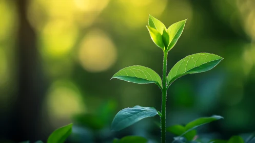 Young green plant sprout with sunlit leaves in garden.