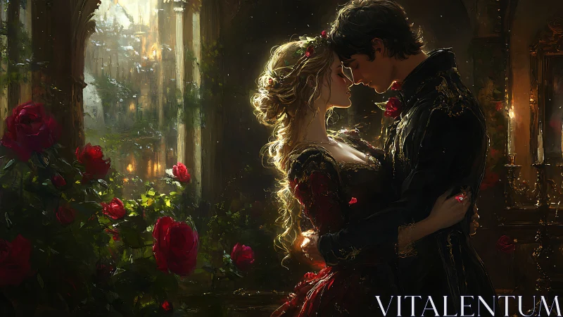 Luminous Romantic Encounter: Baroque Garden Embrace with Volumetric Light.