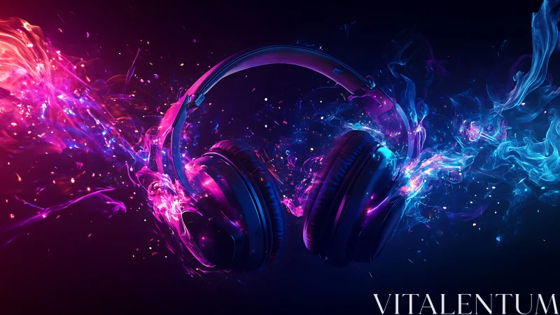 Binaural headphones with neon plasma audio flux visualized.