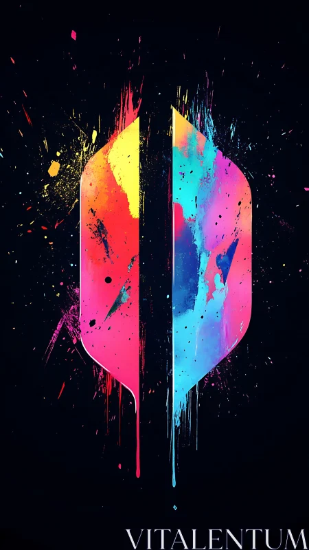 Vertical split color emblem with paint splatter symmetry