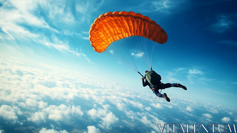 Sunlit orange parachute carries a calm skydiver above clouds