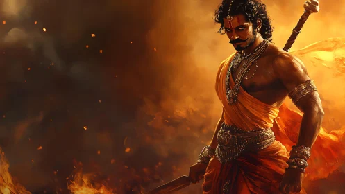 Warrior in orange garments stands amid dense fire and smoke