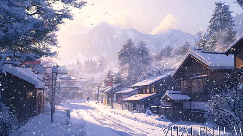 Snow-laden village street under diffuse alpine backlight in winter