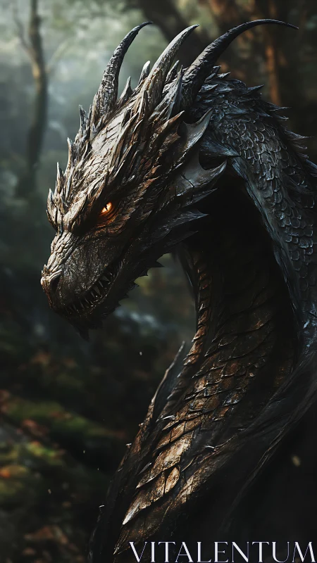 Majestic forest dragon gazes ahead with burning amber eye.