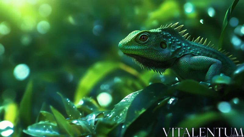 Curious green lizard resting in glowing jungle leaves.