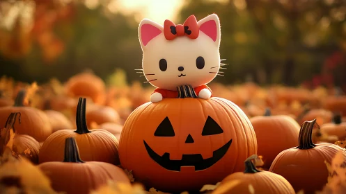 Hello Kitty Sits Atop Jack-o-lantern in Autumn Pumpkin Field