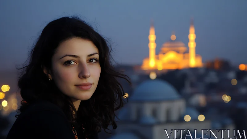 Soft evening portrait against glowing city skyline.