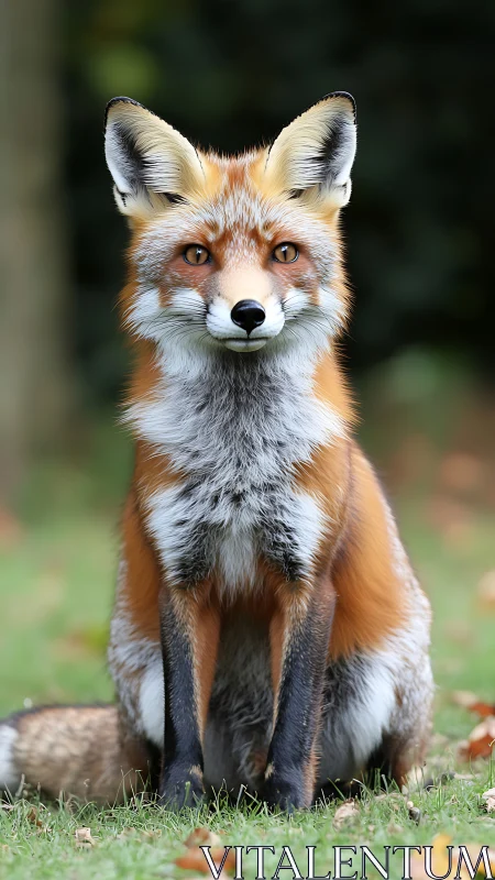 Red fox sits on grass facing camera in sharp focus