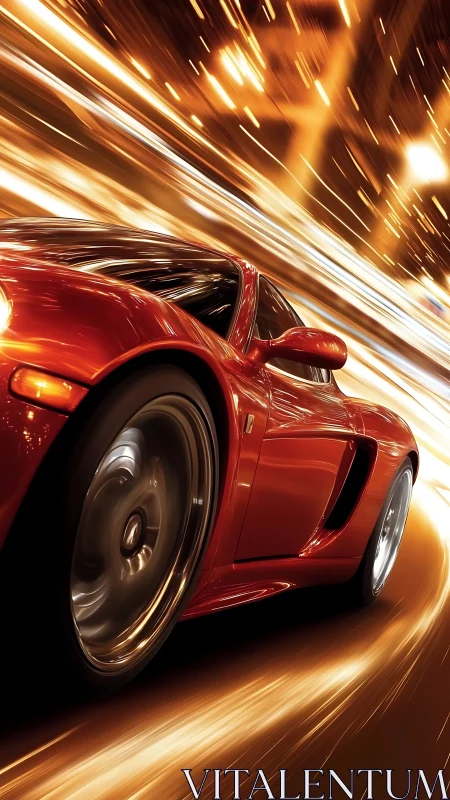 Red sports car slices through luminous city streets at speed.