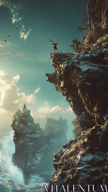 Cliff-edge stag heralds dawn above roaring turquoise seas