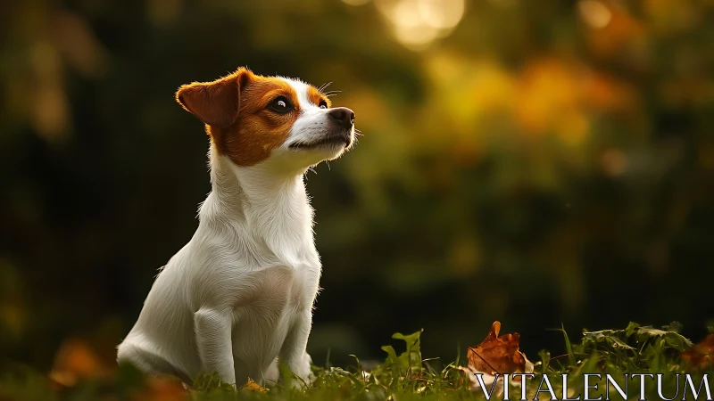 Jack Russell terrier puppy in warm autumn sunset light.